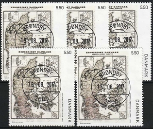 FRIMÆRKER DANMARK | 2009 - AFA 1585 - Gamle Danmarkskort - 5,50 Kr. flerfarvet x 5 stk. - Lux Stemplet 